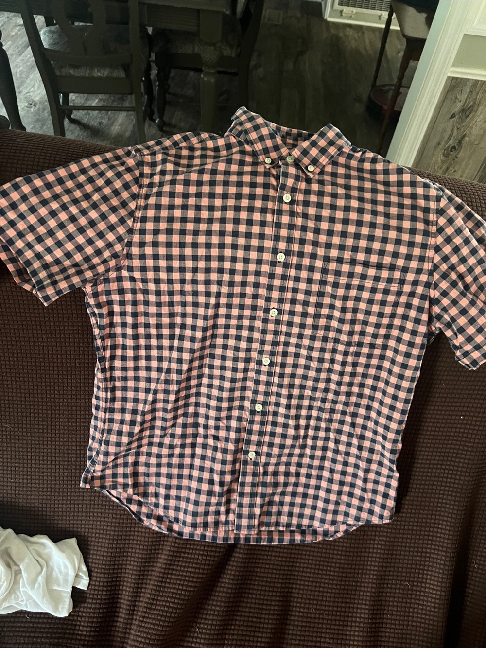 Men's Short-Sleeve Button-Down Gingham Shirt -  Coral & Navy